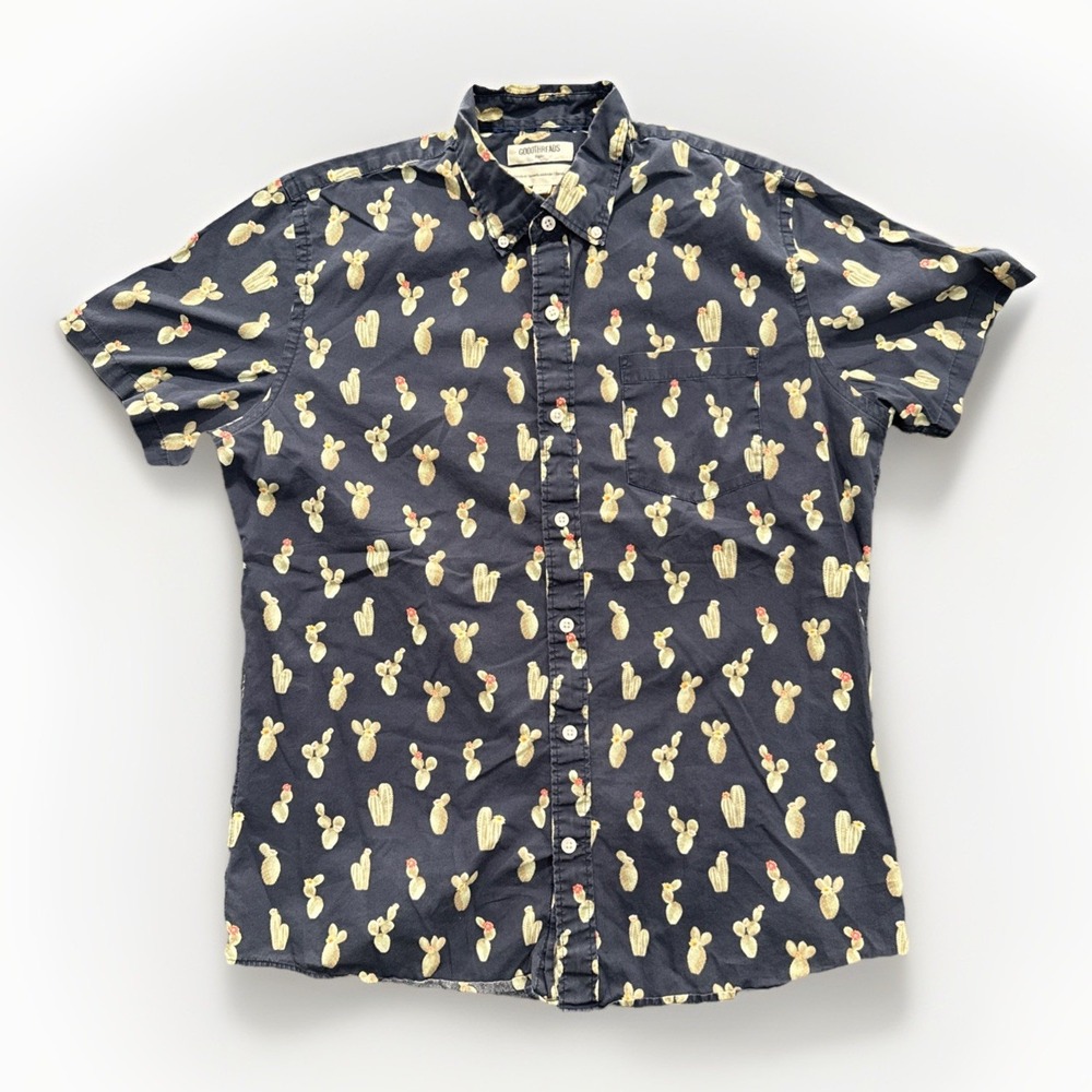 GoodThreads Short Sleeve Shirt Mens Med Blue Cactus AOP Poplin Standard Fit